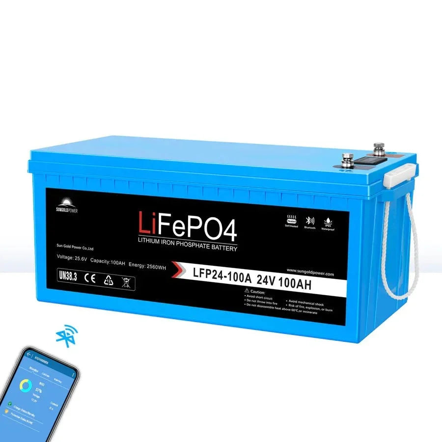 SunGoldPower 24V 100AH LifePO4 Deep Cycle Lithium Battery Bluetooth / Self-Heating / IP65