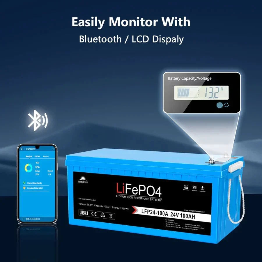 SunGoldPower 24V 100AH LifePO4 Deep Cycle Lithium Battery Bluetooth / Self-Heating / IP65