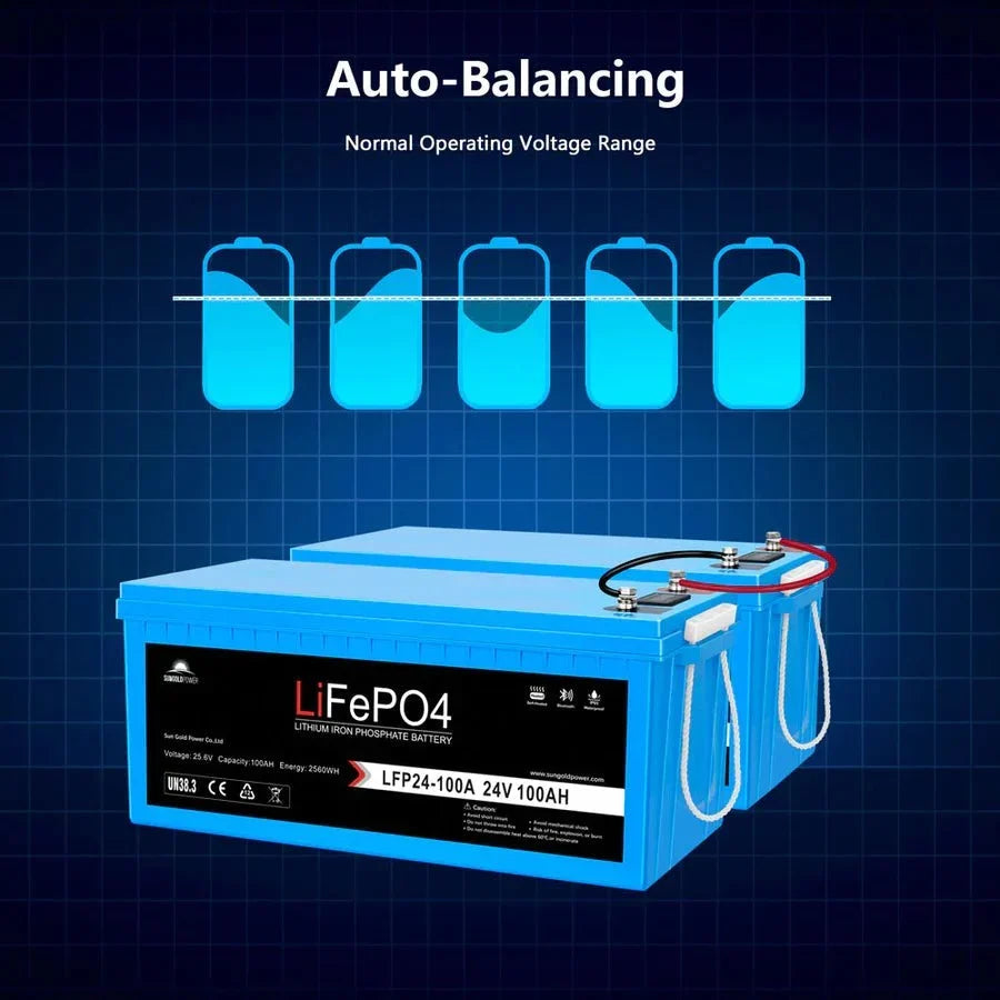 SunGoldPower 24V 100AH LifePO4 Deep Cycle Lithium Battery Bluetooth / Self-Heating / IP65