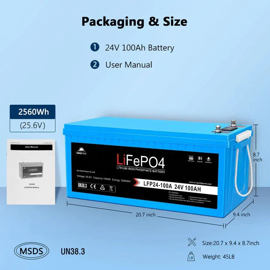 SunGoldPower 24V 100AH LifePO4 Deep Cycle Lithium Battery Bluetooth / Self-Heating / IP65