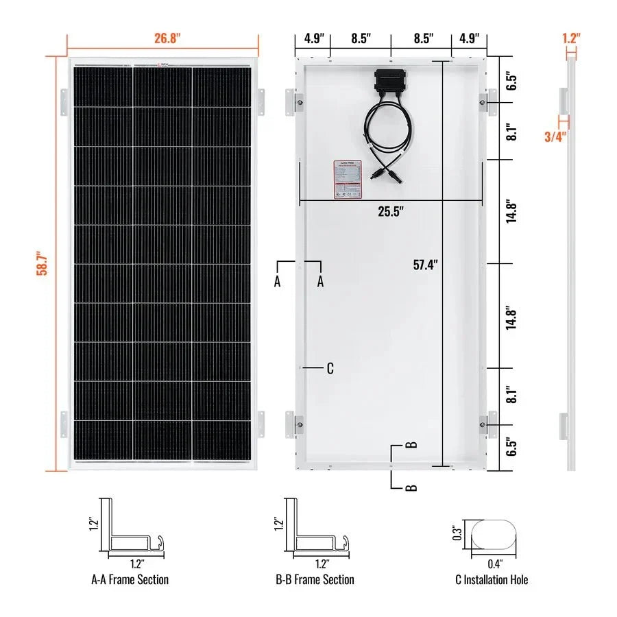 Rich Solar MEGA 200 12V 200W Solar Panel With 2" Brackets