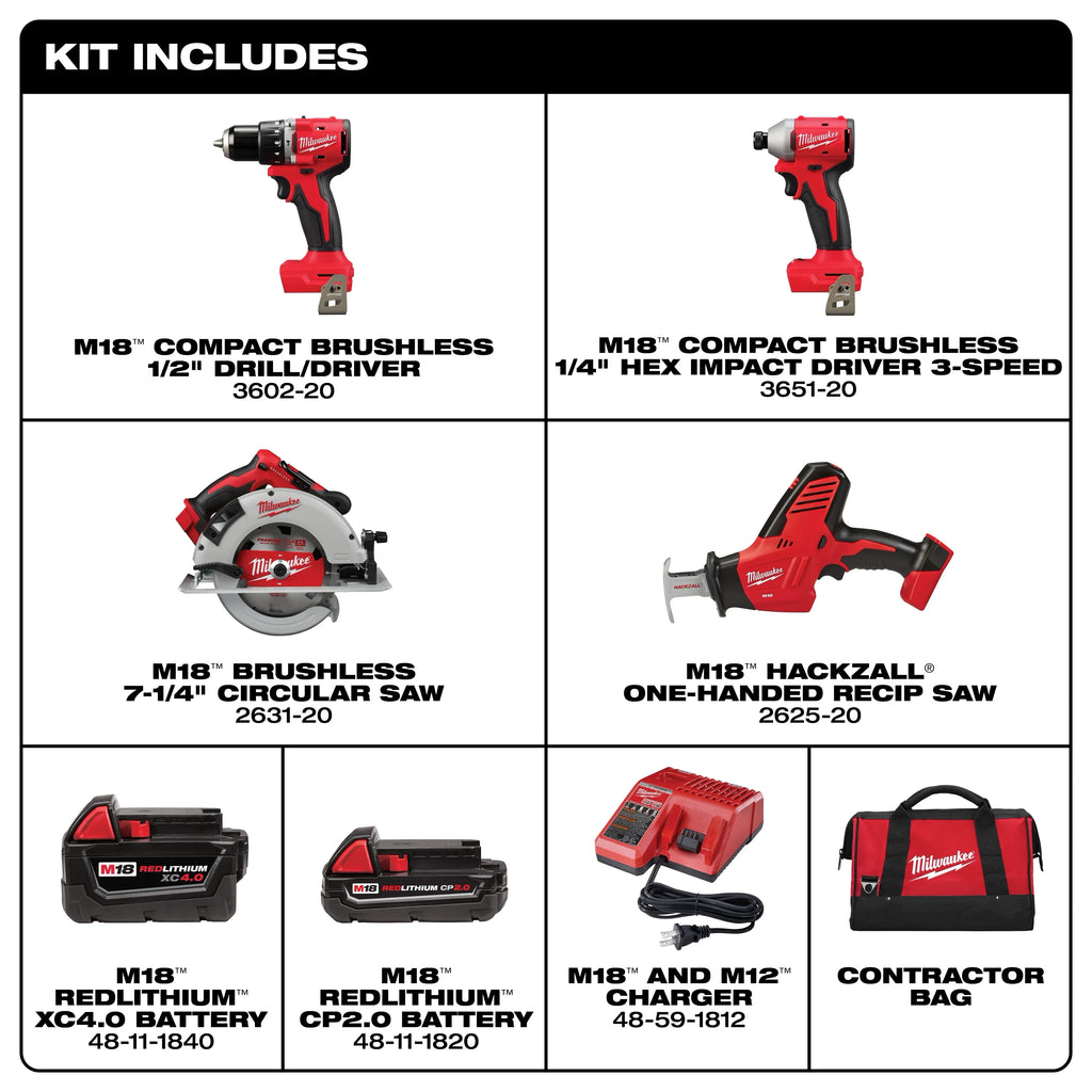 Milwaukee 3693-24CX M18™ Brushless 4-Tool Combo Kit