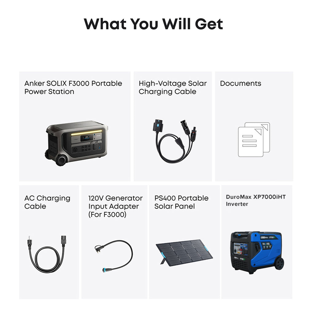 DuroMax XP7000iHT and Anker F3000 + PS400+120V Adapter Bundle