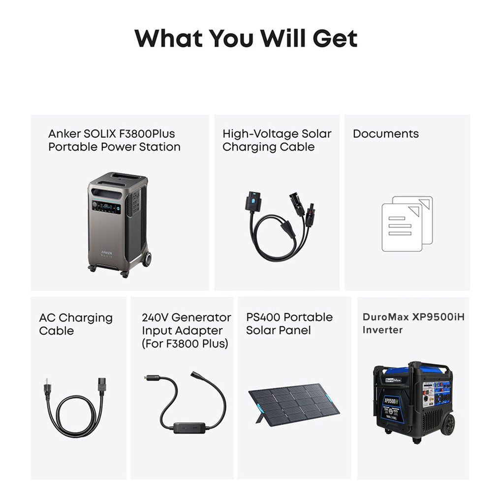 Duromax XP9500iH and Anker F3800Plus+PS400+240V Generator Adapter with Transfer Swtich Bundle