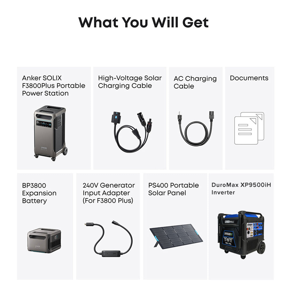 Duromax XP9500iH and Anker F3800Plus+PS400+EB3800+240V Generator Adapter with Tansfer Switch Bundle
