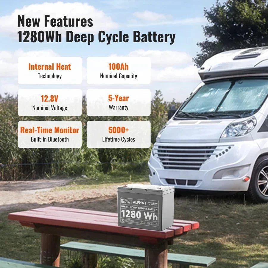 Rich Solar 12V 100Ah LiFePO4 Lithium Iron Phosphate Battery w/ Internal Heating and Bluetooth Function