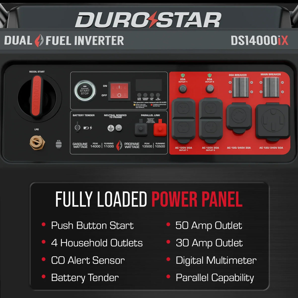 DuroStar 14,000 Watt Dual Fuel Open Frame Digital Inverter Generator