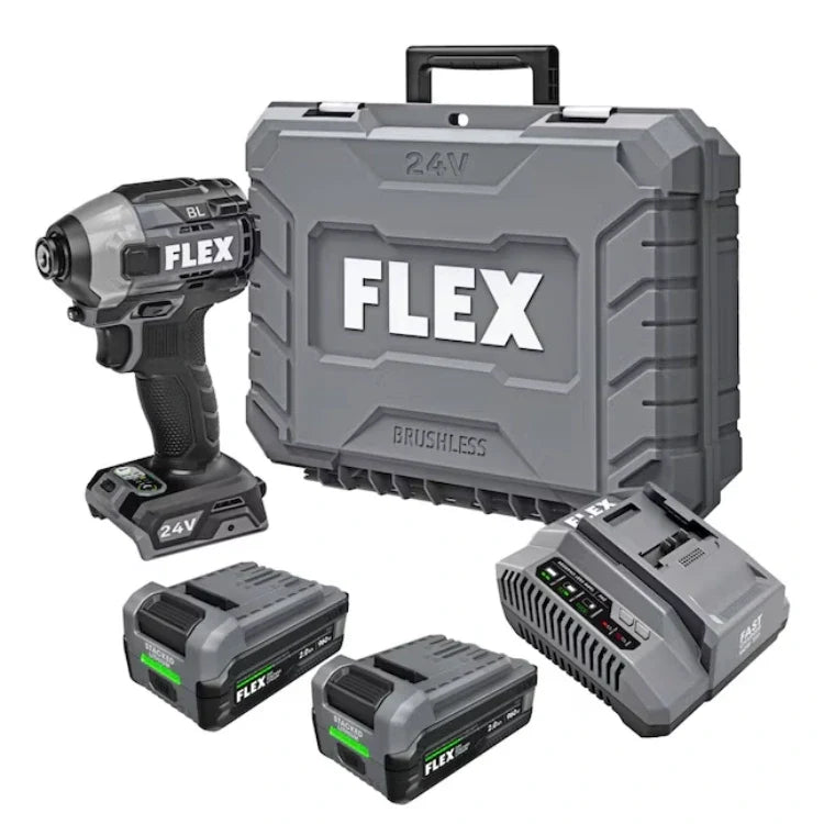 FLEX FX1371A-2K 24V Brushless 1/4" Hex Impact Driver -KIT,Includes (2) 2.0Ah Battery and Charger