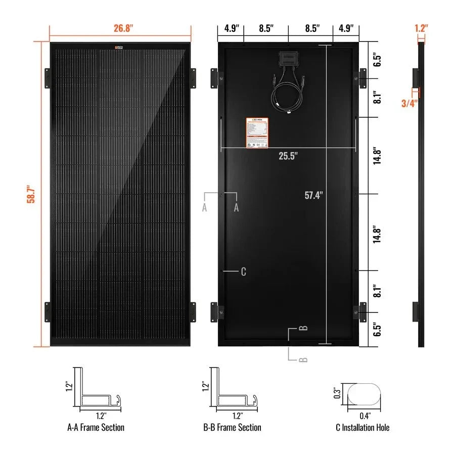 Rich Solar MEGA 200 ONYX 12V 200W Solar Panel With 3/4" Z Brackets