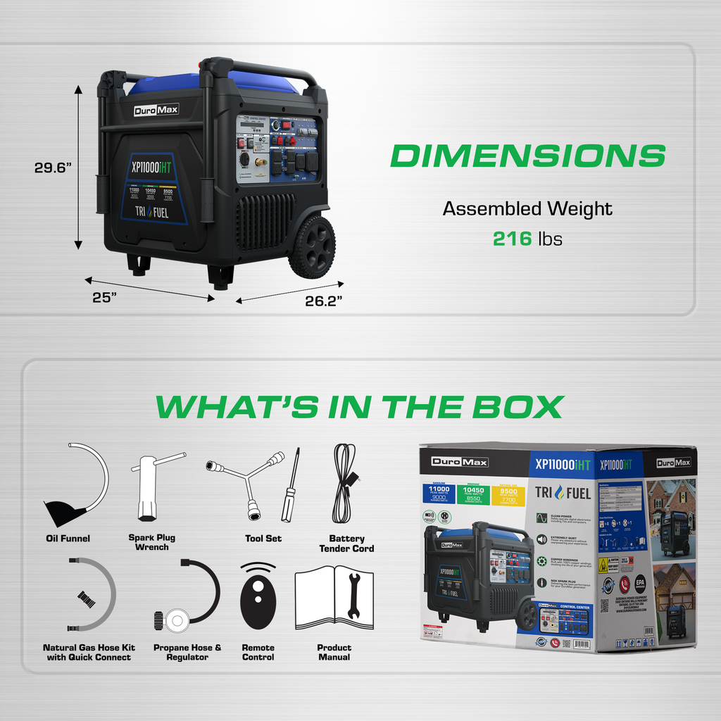 DuroMax XP11000iHT 11,000 Watt Portable Tri Fuel Inverter Generator - Quiet, Low THD