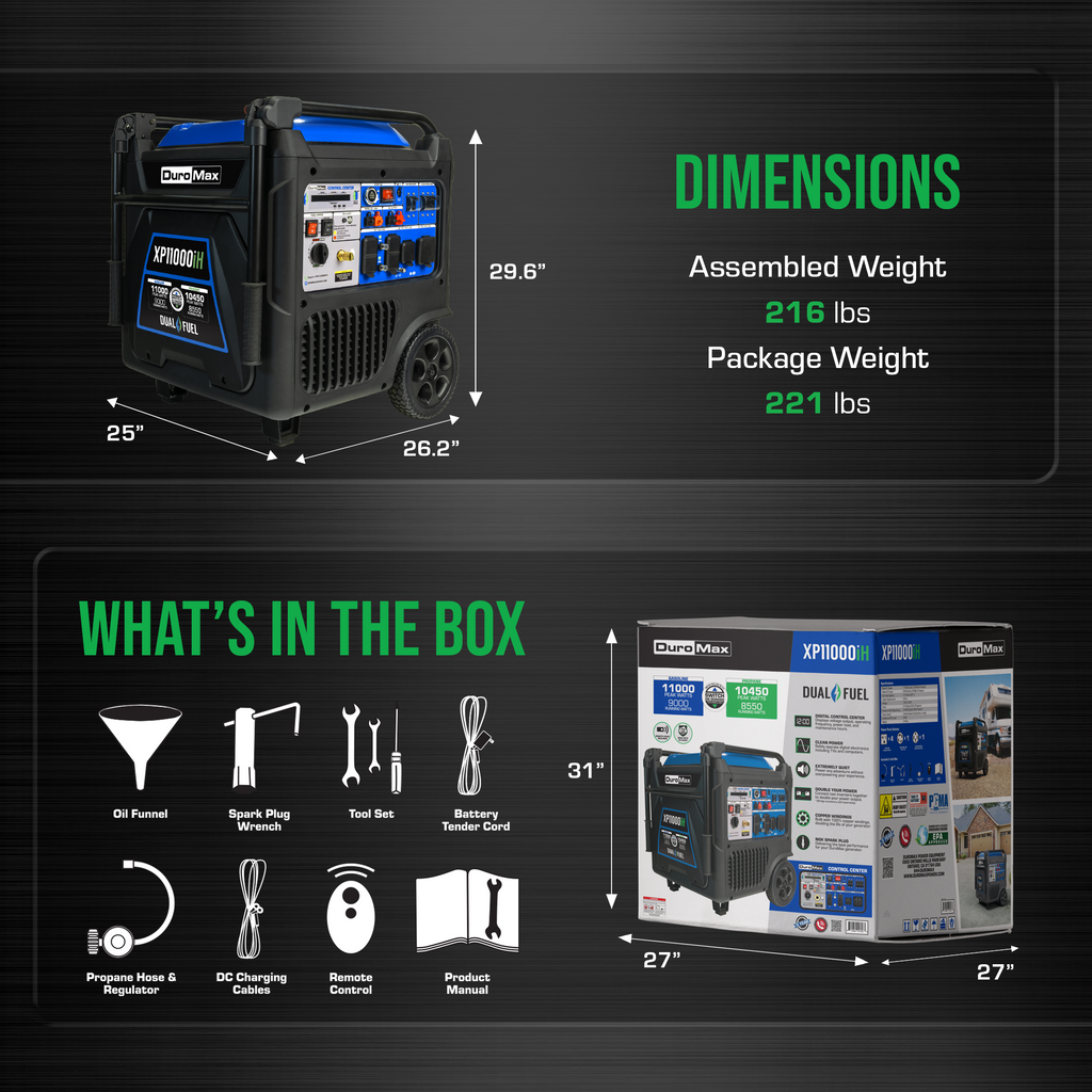 DuroMax XP11000iH 11,000 Watt Portable Dual Fuel Inverter Generator - Quiet, Low THD
