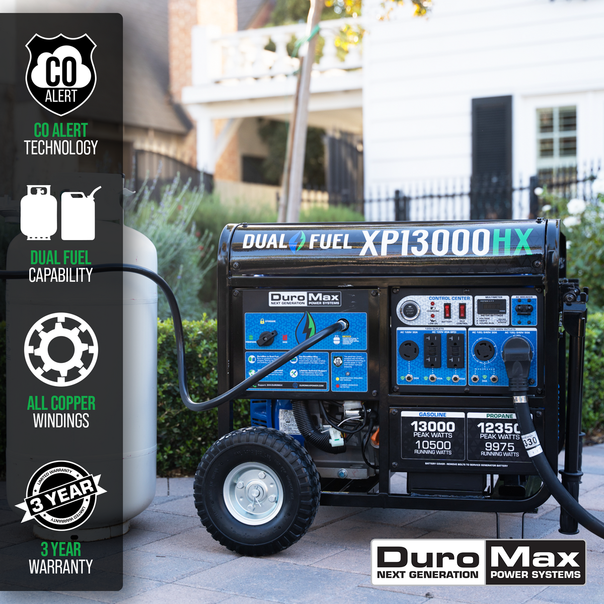 DuroMax XP13000HX 13,000 Watt Portable Dual Fuel Gas Propane CO Alert - Recon