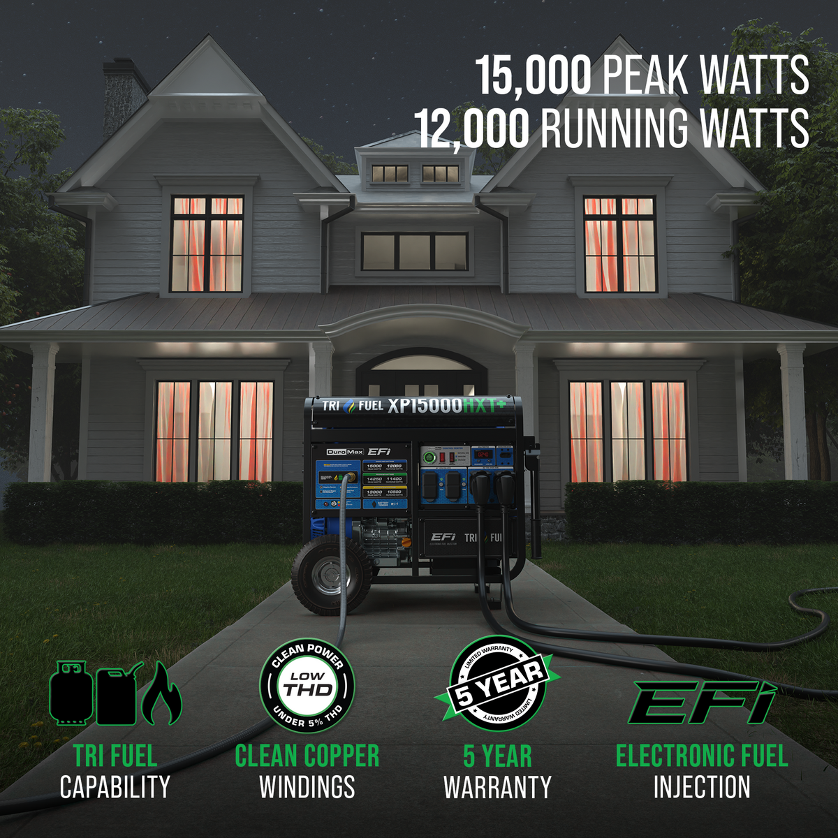 DuroMax XP15000HXT+ 15,000 Watt Electric Start Tri Fuel EFI Portable Generator