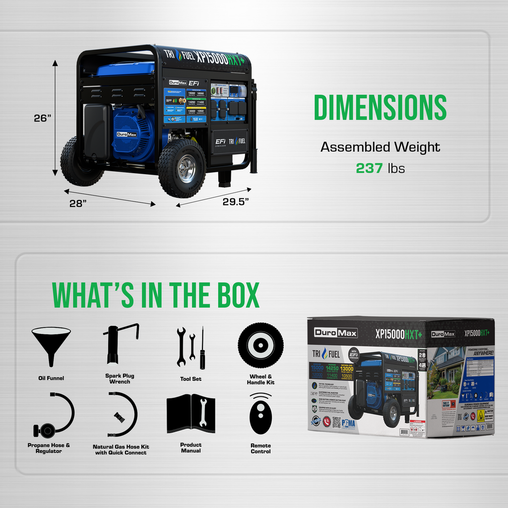 DuroMax XP15000HXT+ 15,000 Watt Electric Start Tri Fuel EFI Portable Generator