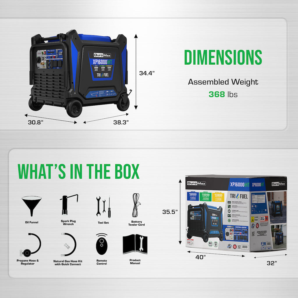 DuroMax XP16000iHT 16,000 Watt Tri Fuel Portable Inverter Generator - Quiet, Low THD