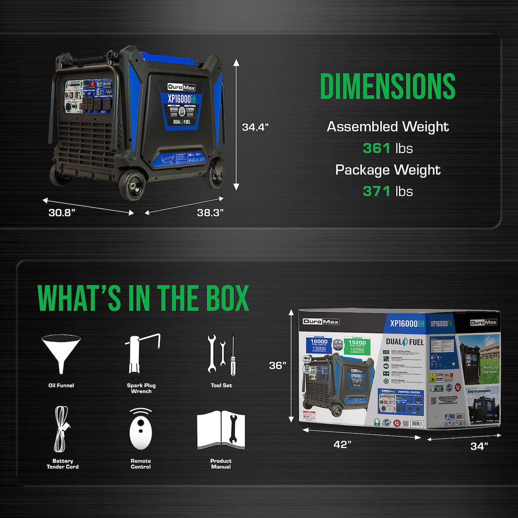 DuroMax XP16000iH 16,000 Watt Dual Fuel Portable Inverter Generator - Quiet, Low THD