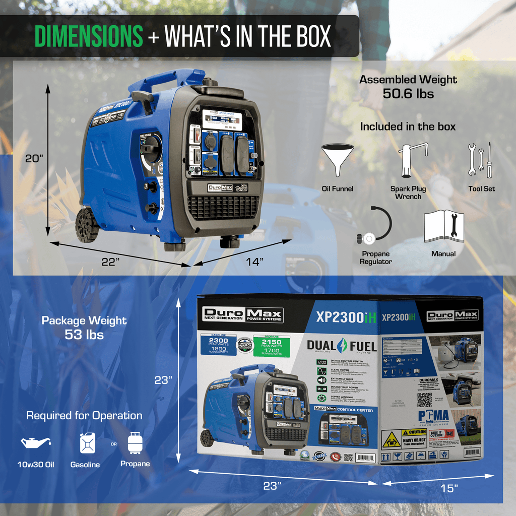 DuroMax XP2300iH 2,300 Watt Portable Dual Fuel Inverter Generator - Quiet, Low THD
