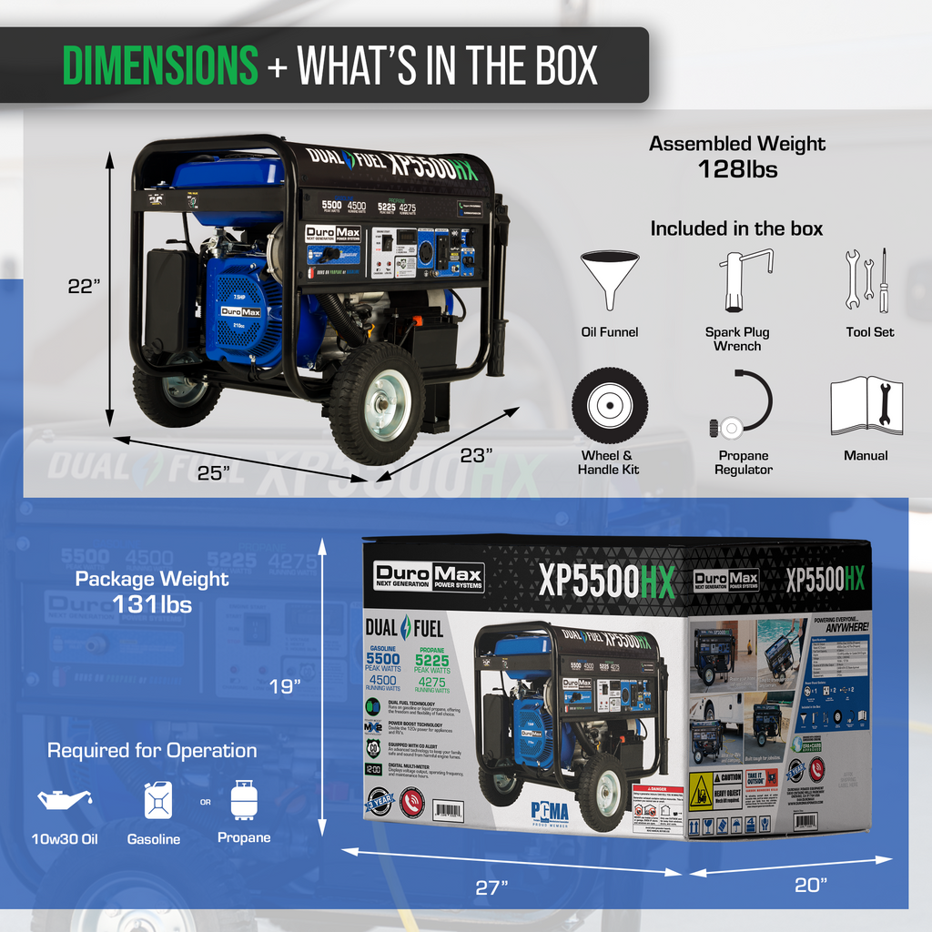 DuroMax XP5500HX 5,500 Watt Portable Dual Fuel Gas Propane CO Alert Generator