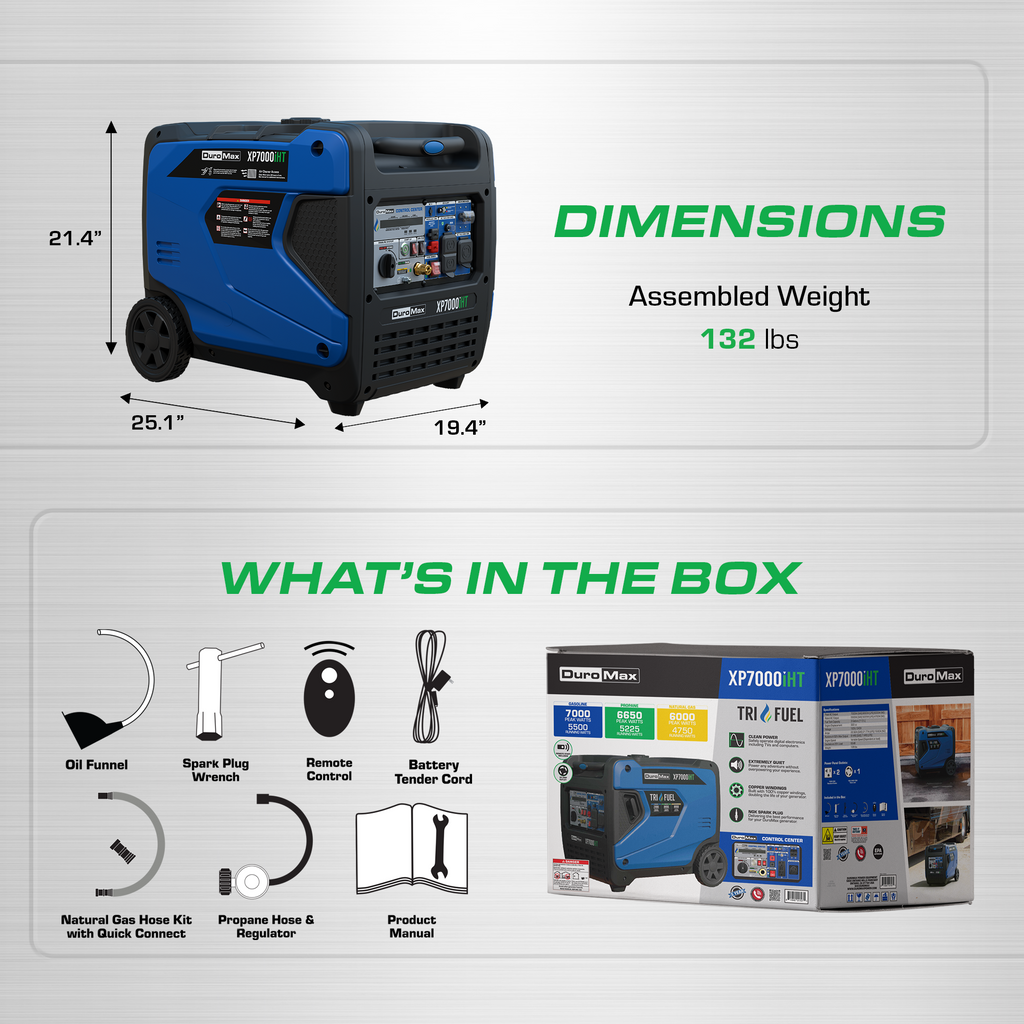 DuroMax XP7000iHT 7,000 Watt Portable Tri Fuel Inverter Generator - Quiet, Low THD