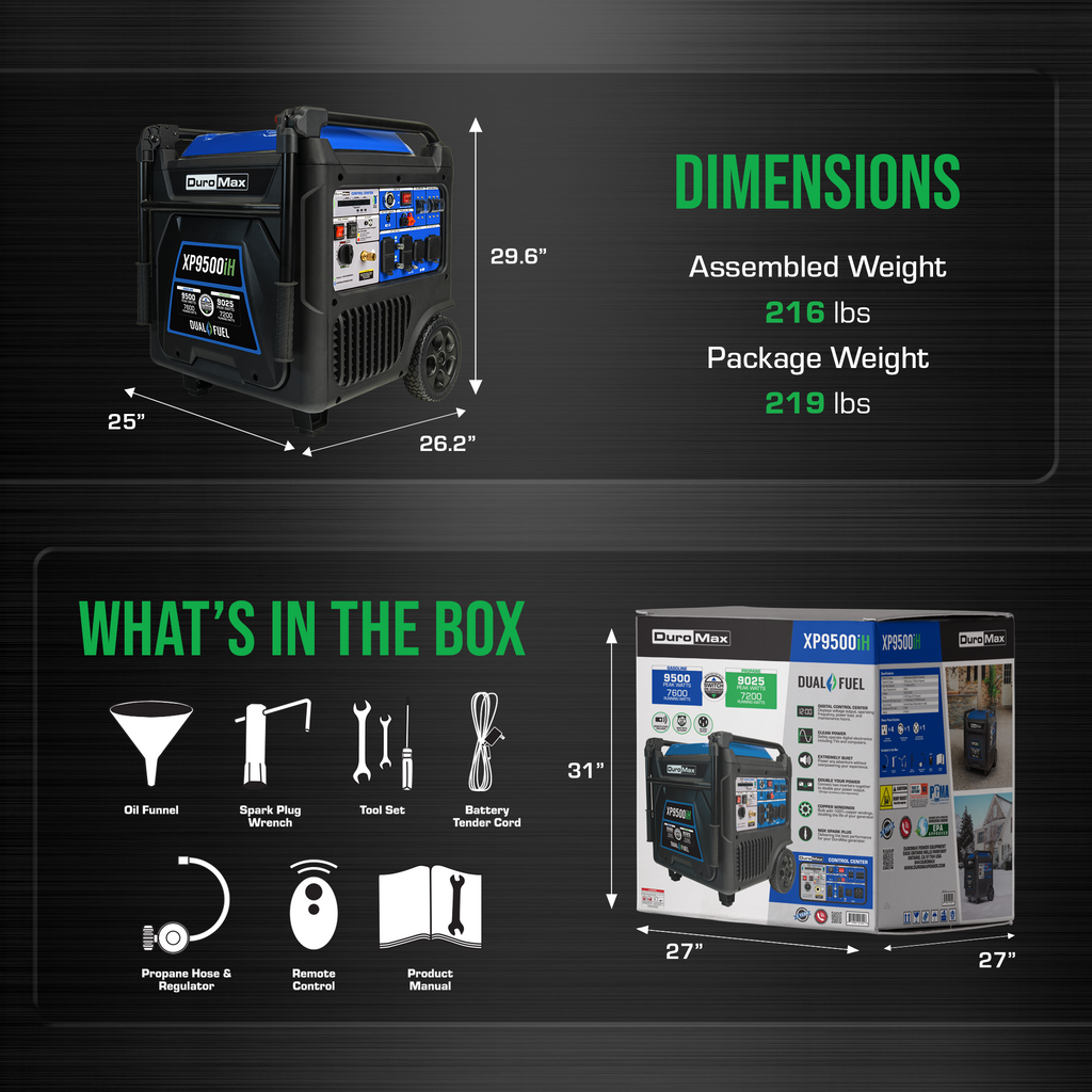 DuroMax XP9500iH 9,500 Watt Portable Dual Fuel Inverter Generator - Quiet, Low THD