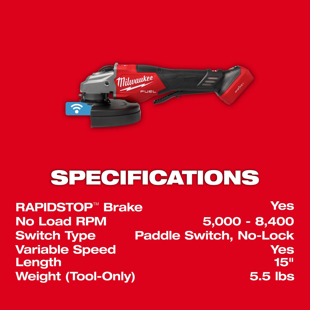 Milwaukee 3674-20 M18 FUEL™ 4-1/2"–7" Variable Speed Braking Grinder, Paddle Switch w/ ONE-KEY™