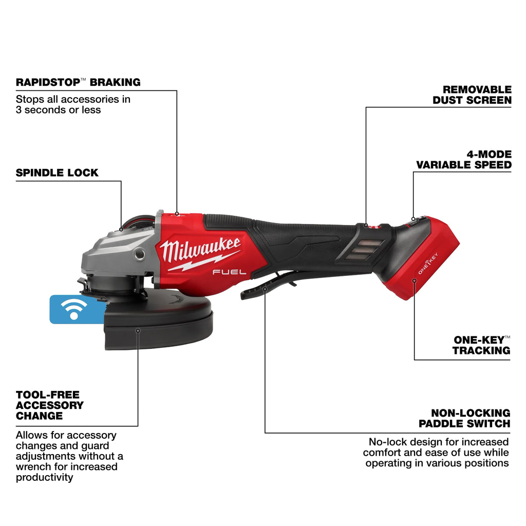 Milwaukee 3674-20 M18 FUEL™ 4-1/2"–7" Variable Speed Braking Grinder, Paddle Switch w/ ONE-KEY™