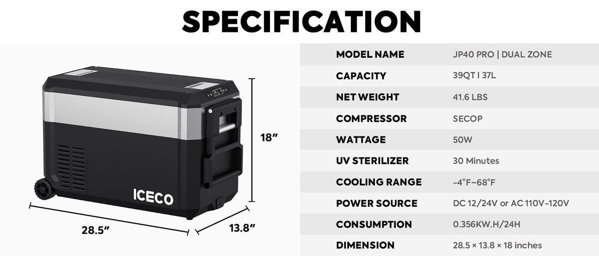 ICECO JP40 Pro 39QT 37L Dual Zone Wheeled Portable Freezer