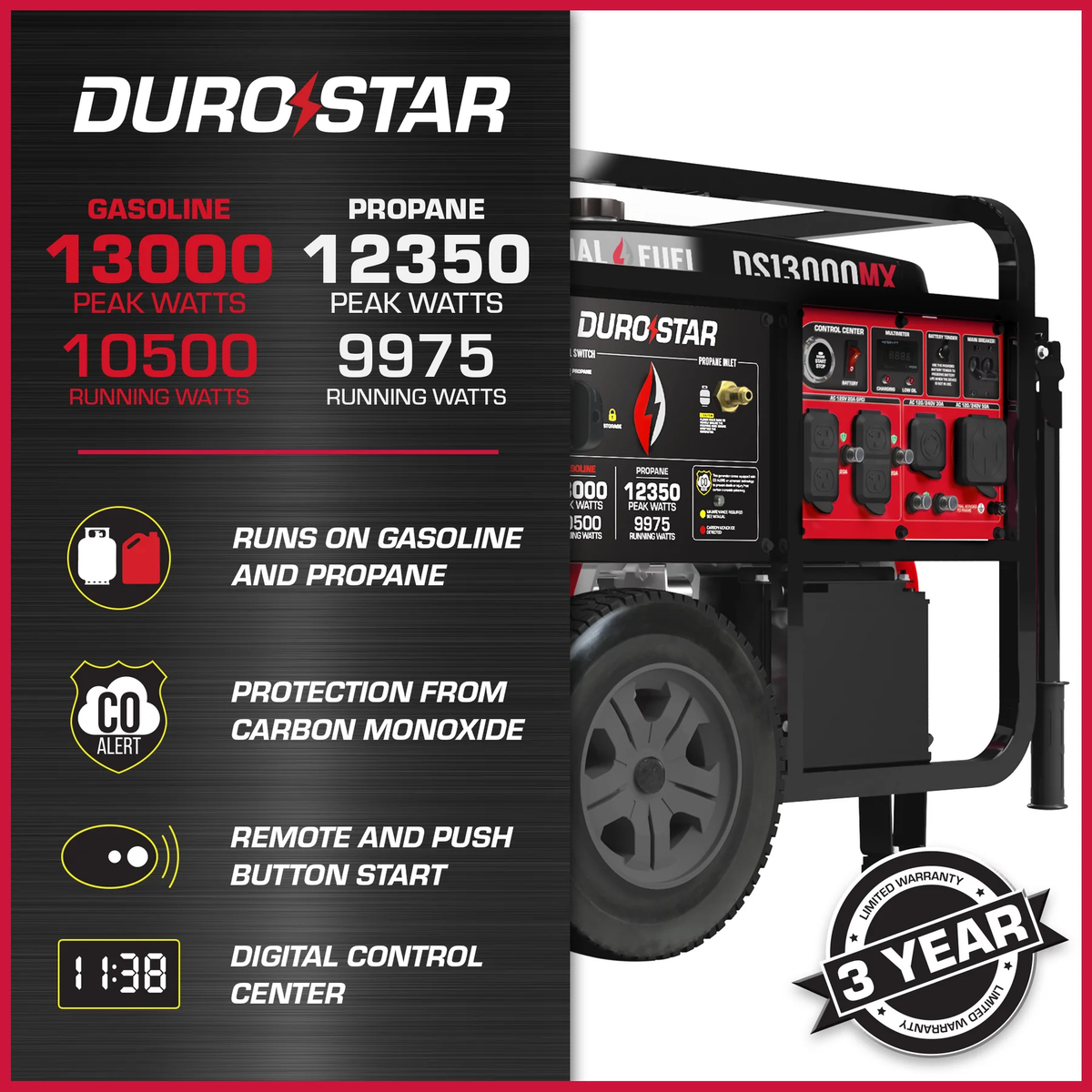 DuroStar DS13000MX 13,000 Watt Dual Fuel Portable Generator w/ CO Alert - Recon