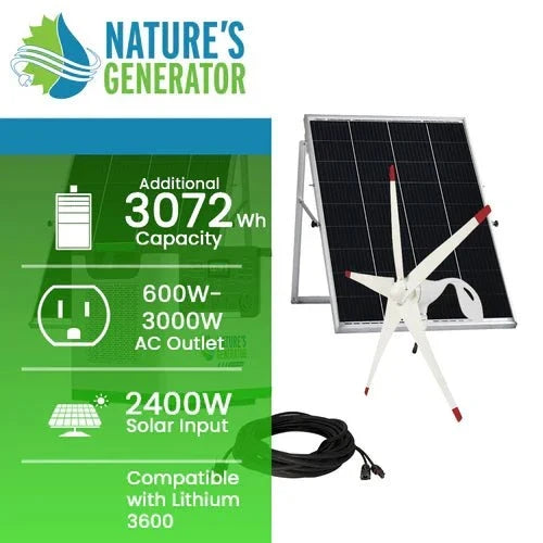 Natures Generator Lithium 3600 With Power Pod + 4 x 100W Monocrystalline Solar Panel + Wind Turbine