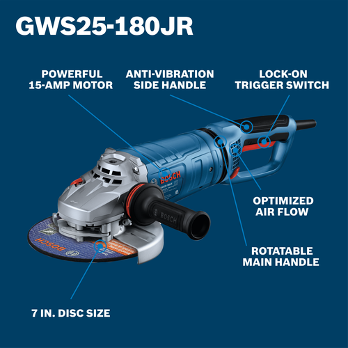 Bosch GWS25-180JR 7 In. Large Angle Grinder – 15 Amp w/ Lock-On Trigger Switch and Rotatable Main Handle