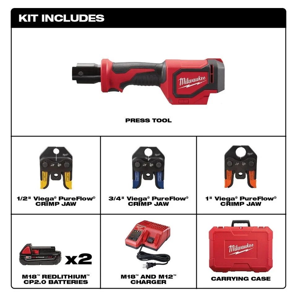 Milwaukee 2674-22P M18 Short Throw Press Tool Kit with Viega PureFlow Jaws NEW