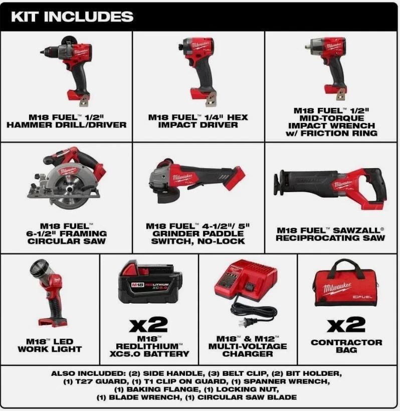 Milwaukee 3697-27 M18 FUEL 18V 7 Tool Cordless Lithium-Ion Combo Kit