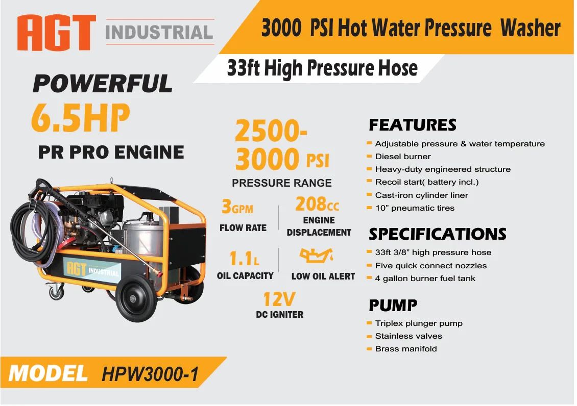 AGT 3000PSI Hot Water High Pressure Washer Machine 3 GPM 6.5 HP Diesel burner