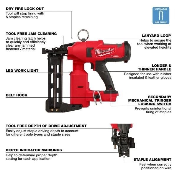 Milwaukee 2843-20 M18 18V Li-Ion Fuel Utility Fencing Stapler - Red