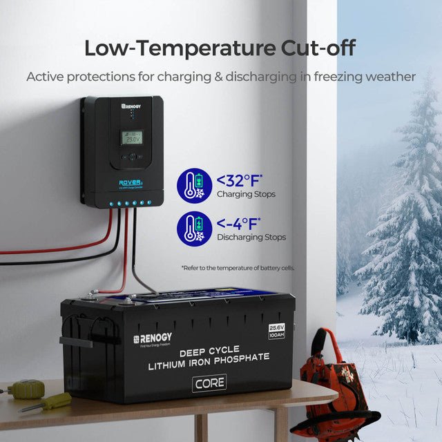 Renogy Core 24V 100Ah Deep Cycle Lithium Iron Phosphate Battery with 48V 10A Rover Boost Charge Controller