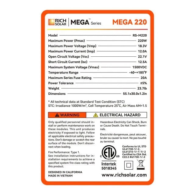 Rich Solar Mega 220 Watt 12V Monocrystalline Solar Panel