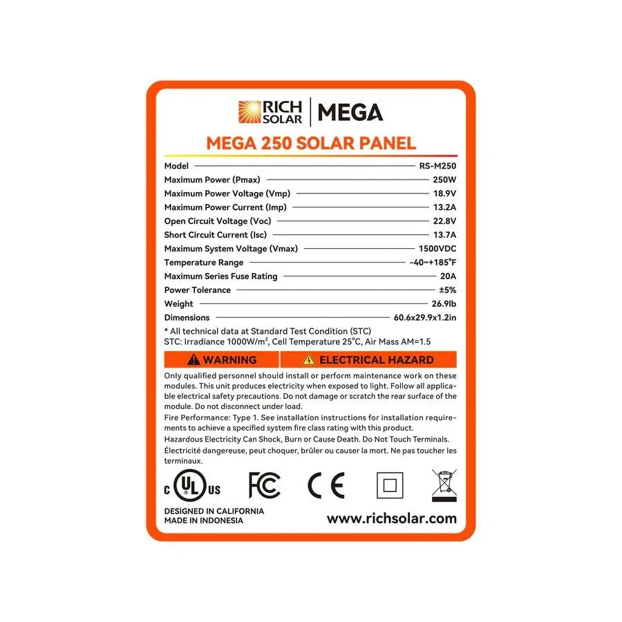 Rich Solar MEGA 250 Watt Monocrystalline Solar Panel UL Certified