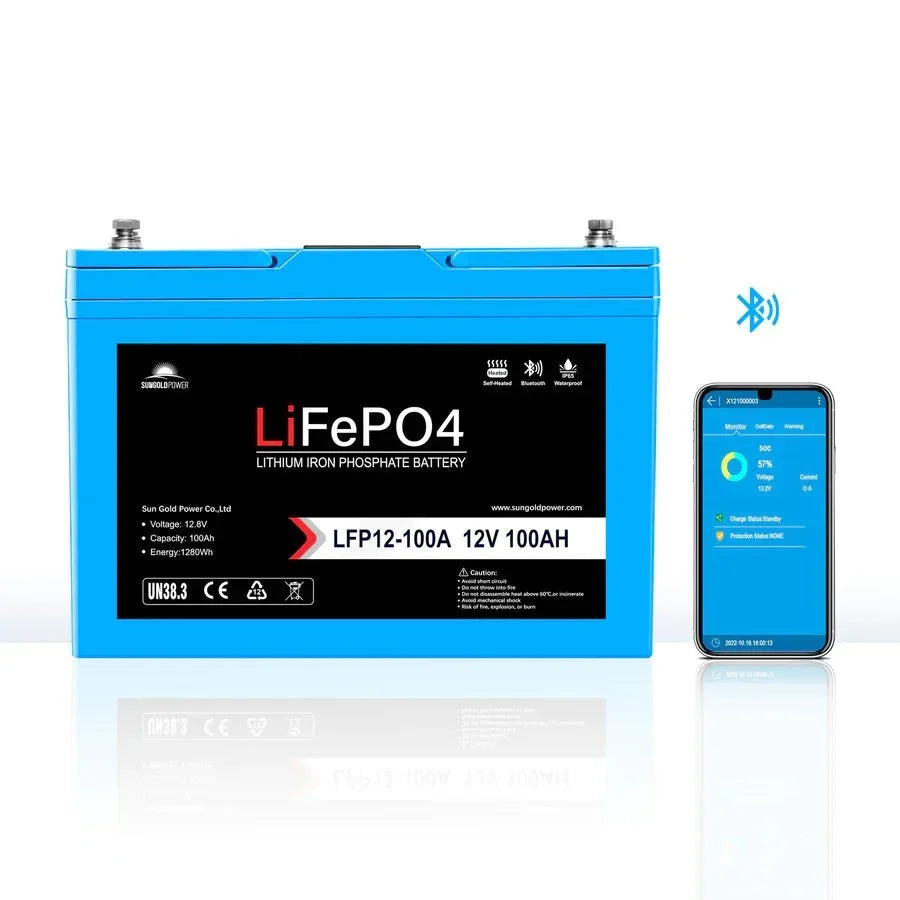 SunGoldPower 12V 100Ah LiFePo4 Deep Cycle Lithium Battery / Bluetooth / Self-Heating / IP65