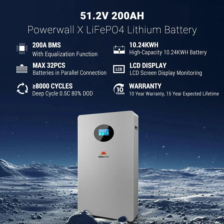 SunGoldPower Powerwall X 51.2V 200AH LiFePO4 Lithium Battery