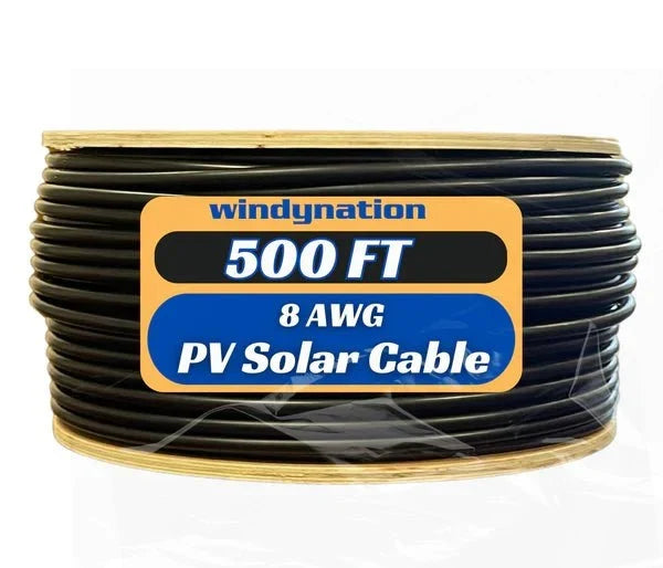 WindyNation 500 Foot Spool 8 Gauge 8 AWG Black Pure Copper Solar Panel Extension Cable Wire